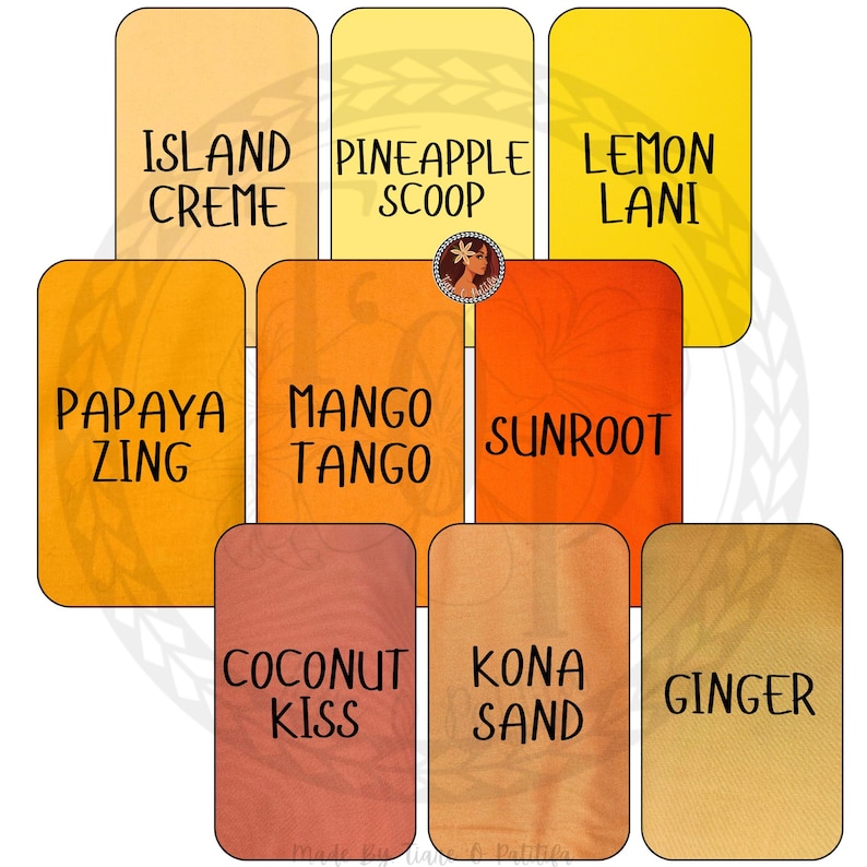 May include: A collection of nine rectangular color swatches in shades of yellow, orange, and brown. Each swatch features black text: Island Creme, Pineapple Scoop, Lemon Lani, Papaya Zing, Mango Tango, Sunroot, Coconut Kiss, Kona Sand, and Ginger.