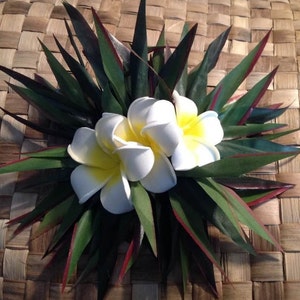 Hawaiian Pua Melia/Plumeria clip or comb. Foam Flowers with Silk Ti Leaves Hair Clip. Perfect For Wedding, Luau, Beach, Polynesian Events!