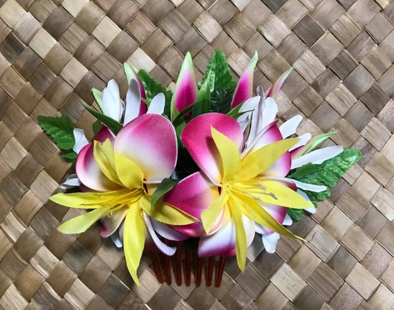 Peigne de fleurs de tiaré en soie hawaïenne et mousse. - Etsy France