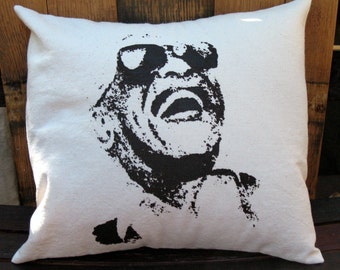 Singer Ray Charles on Cream Colored Pillow Cover with Original Design Hand Screenprinting