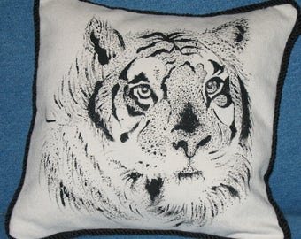 Tiger Pillow Handpainted From Original Drawing on White Denim with Black Piping