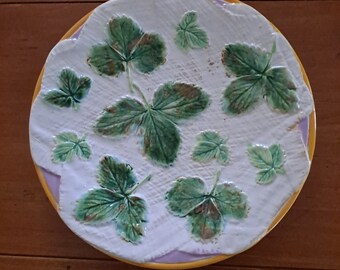 Very Old Majolica George Jones Strawberry Leaves on Napkin Plate