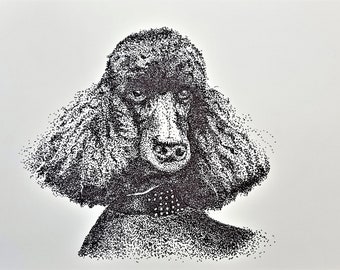 Standard Poodle Original Pen and Ink Pointillism Drawing