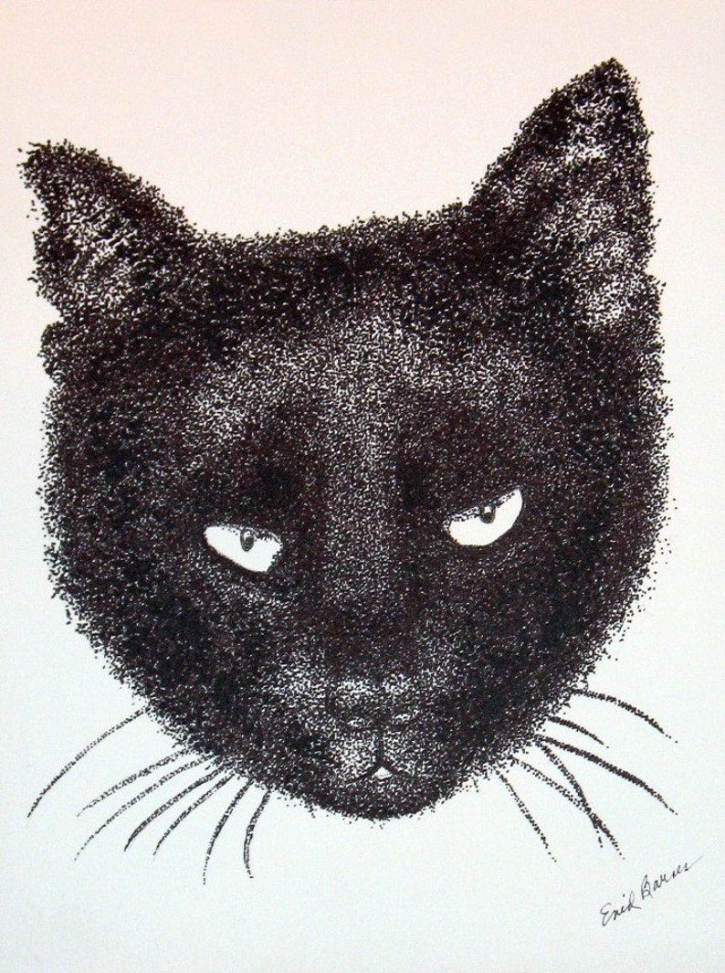 Original Pen and Ink Pointillism Drawing of a BLACK CAT Free Etsy
