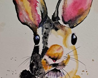 Original Watercolor Painting of  a Bunny mounted on a cradled board