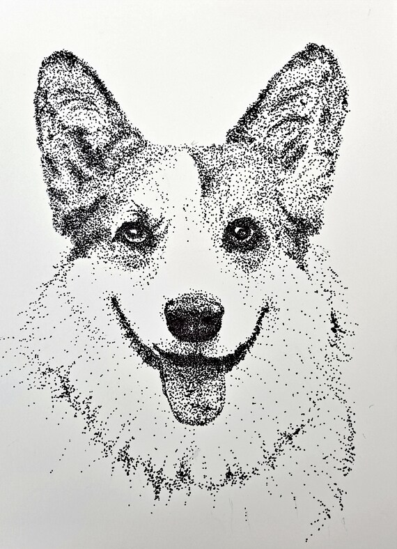 Corgi Original Pointillism Pen and Ink Portrait | Etsy