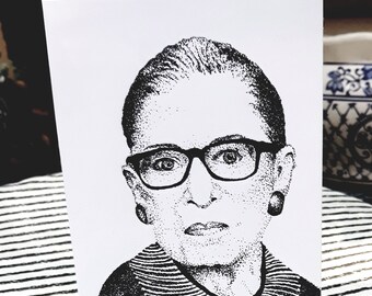 Set of Four Plain White Justice Ruth Bader Ginsburg Notecards  from Original Pointillism Portrait