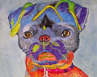 Original Clown Pug Portrait in Color and Pointillism Style 9 x 12 - Free Shipping