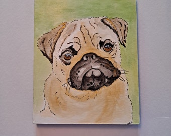 Brindle Pug Portrait Original Watercolor Mounted 8 x 10 Free Shipping