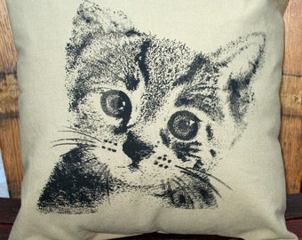 Kitten on Khaki Colored Pillow Cover with Original Design Hand Screenprinting