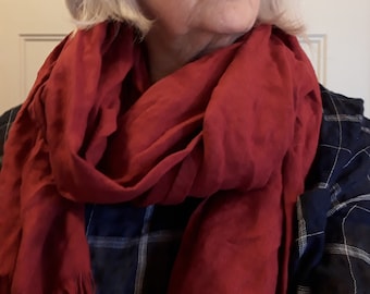 Very Long Red Linen Fringed Scarf or Wrap