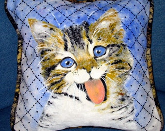 Happy Kitty Handpainted  Image on White Denim with Shashiko Stitching and Coordinated Piping FREE SHIPPING