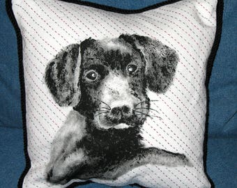 Black Lab Pillow Handpainted  on White Denim with Shashiko Stitching and Black Cording