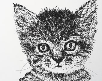 Original Pointillism Drawing of a Kitten - Free Shipping
