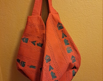 Handmade  Red Canvas Hobo Bag with House Stencils, Sashiko Stitching and Inside Pockets  - Free Shipping