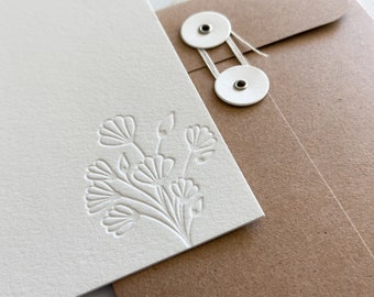 Letterpress Flower Minimalist Stationery Set | A6 | Matching String-tie Envelope | White Buttons | Gift for Her