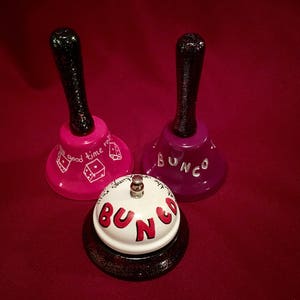 Game, Bunco, Bunko, Dice, Personalize, Cowbell, Service, Call , Hotel,  Desk Bell. Tea Bell, Teacher, Noise Maker Hand Painted.