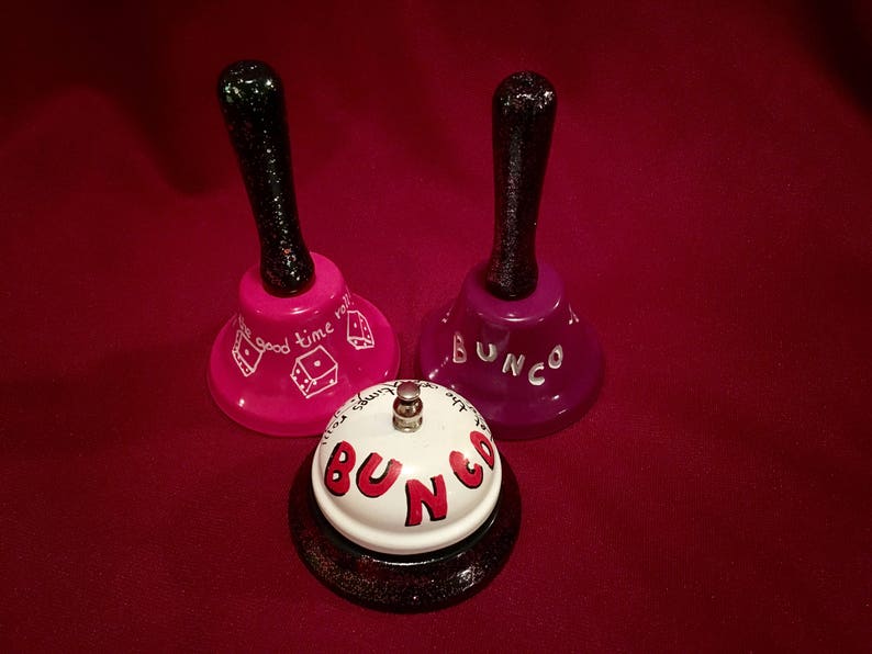 Game, Bunco, Bunko, Dice, Personalize, Cowbell, Service, Call , Hotel,  Desk Bell. Tea Bell, Teacher, Noise Maker Hand Painted.