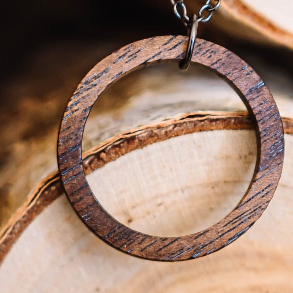 Walnut Wood Circle Pendant, wood necklace, round pendant, wood jewelry, boho jewelry, 5 year anniversary gift