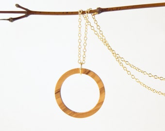 Olive Wood Circle Pendant, wood necklace, round pendant, wood jewelry, boho jewelry, unique natural necklace, 5 year anniversary gift