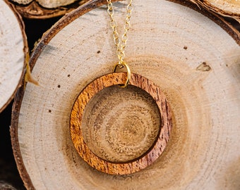 Mahogany Wood Circle Pendant, wood necklace, round pendant, wood jewelry, boho jewelry, 5 year anniversary gift