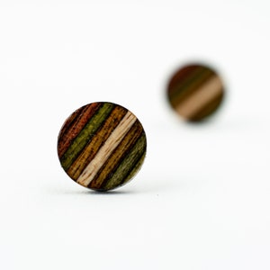 Fall Colors Striped Wood Stud Earrings, colorful stud earrings, wood posts, unisex earrings, wooden earrings, olive studs, geometric earring image 2