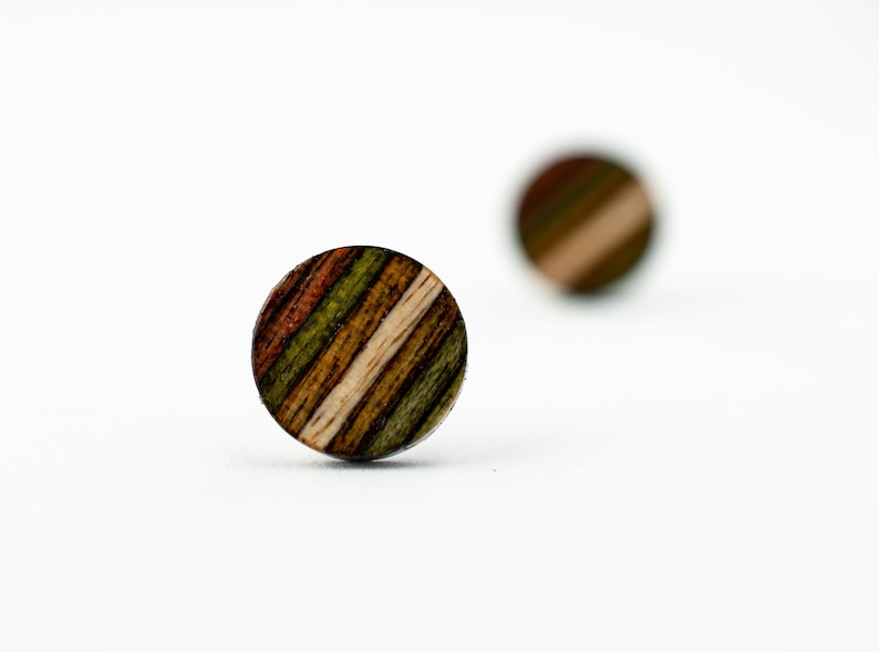 Fall Colors Striped Wood Stud Earrings, colorful stud earrings, wood posts, unisex earrings, wooden earrings, olive studs, geometric earring image 2