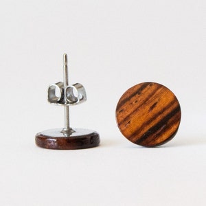 Cocobolo Wood Studs, Wooden Earrings, Unisex Stud Earrings, Wood Stud Earrings, Striped wood studs, wood post earrings, natural wood studs image 5