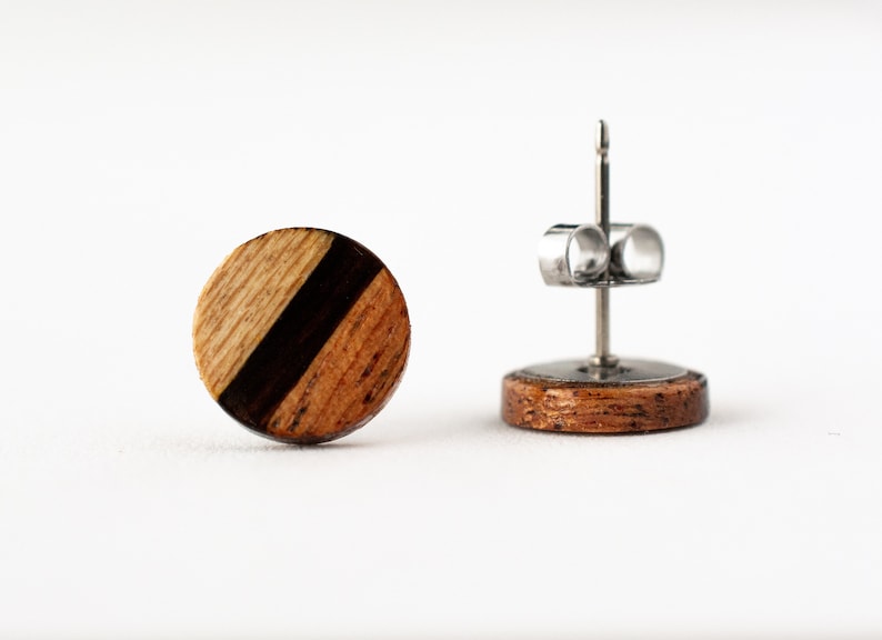 Light Striped Wood Studs, wood earrings, unisex, small wood studs, wood stud earrings, wood posts, geometric earrings, 5th anniversary gift image 3