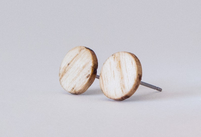 Wood earrings, Ash studs, Wooden stud earrings, Boho studs, rustic earrings, Flat studs, Round wood studs, boho stud earrings, unisex image 2
