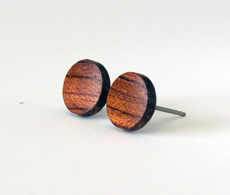 Tiny wood stud earrings for men minimalist jewelry everyday studs unisex casual boho earrings for sensitive ears bubinga wood studs rustic image 1