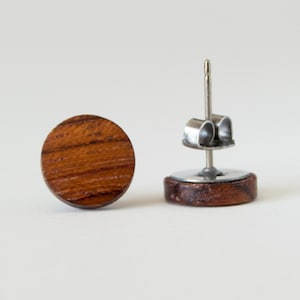 Tiny wood stud earrings for men minimalist jewelry everyday studs unisex casual boho earrings for sensitive ears bubinga wood studs rustic image 4
