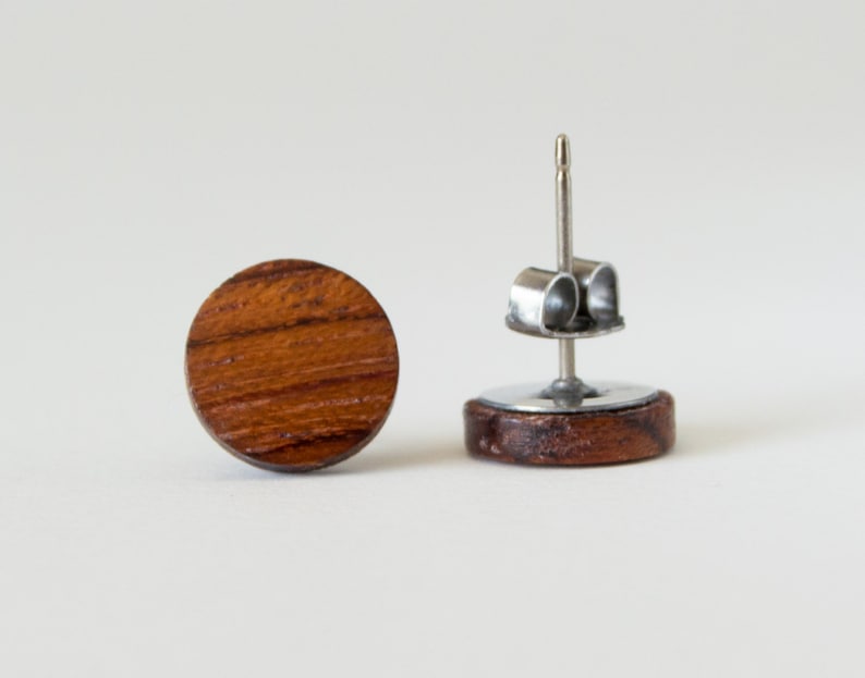 Tiny wood stud earrings for men minimalist jewelry everyday studs unisex casual boho earrings for sensitive ears bubinga wood studs rustic image 4