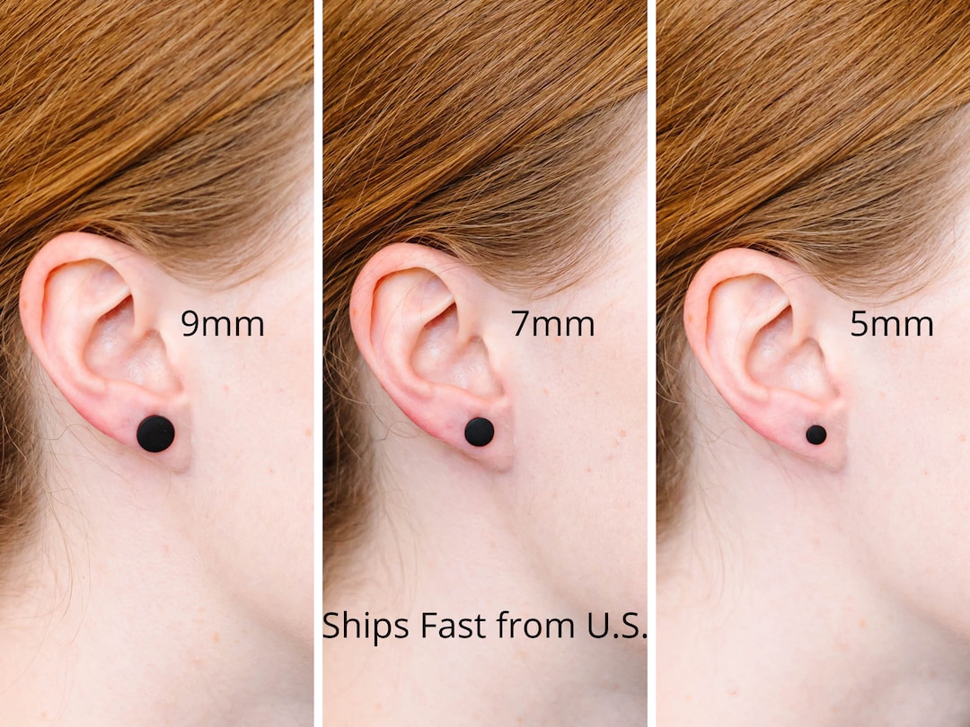 Black, Flat, Matte Finish Stud Earrings, Small Earrings for Men and Women, 5mm, 7mm, 9mm, Tiny
