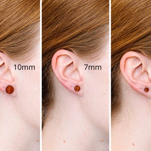 Tiny wood stud earrings for men minimalist jewelry everyday studs unisex casual boho earrings for sensitive ears bubinga wood studs rustic image 2