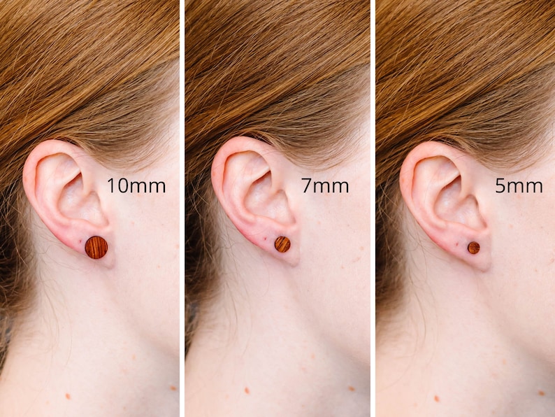 Tiny wood stud earrings for men minimalist jewelry everyday studs unisex casual boho earrings for sensitive ears bubinga wood studs rustic image 2