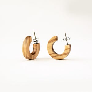 Small Chunky Wood Hoops handmade from Olive wood boho jewelry for casual wear hypoallergenic earrings unisex style natural post studs