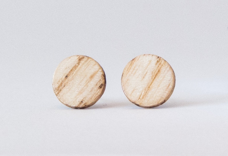 Wood earrings, Ash studs, Wooden stud earrings, Boho studs, rustic earrings, Flat studs, Round wood studs, boho stud earrings, unisex image 1