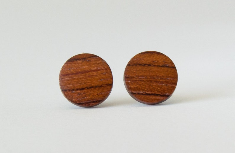 Tiny wood stud earrings for men minimalist jewelry everyday studs unisex casual boho earrings for sensitive ears bubinga wood studs rustic image 5