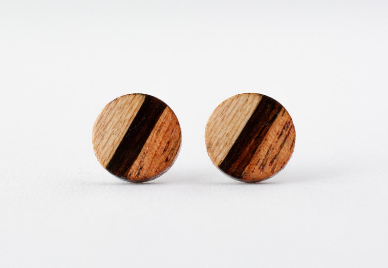 Light Striped Wood Studs, wood earrings, unisex, small wood studs, wood stud earrings, wood posts, geometric earrings, 5th anniversary gift image 1