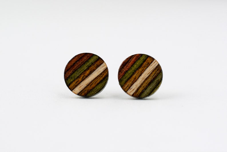 Fall Colors Striped Wood Stud Earrings, colorful stud earrings, wood posts, unisex earrings, wooden earrings, olive studs, geometric earring image 3