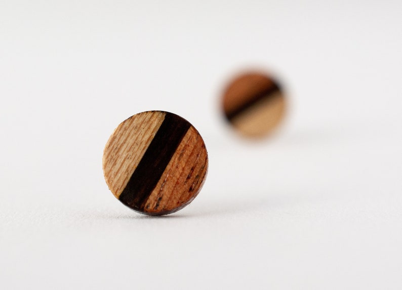 Light Striped Wood Studs, wood earrings, unisex, small wood studs, wood stud earrings, wood posts, geometric earrings, 5th anniversary gift image 2