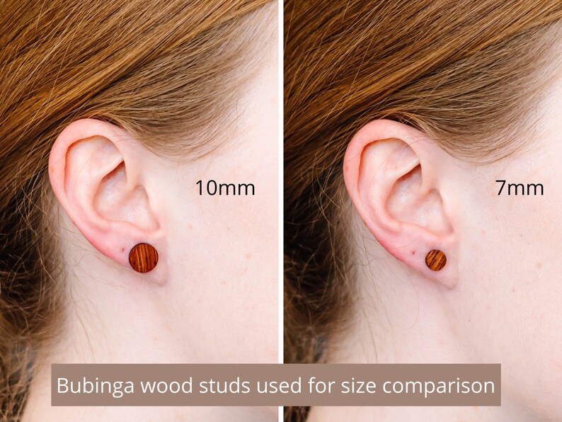 May include: Two wooden earrings in different sizes, 10mm and 7mm, shown in a person's ear for size comparison. The earrings are made of bubinga wood.