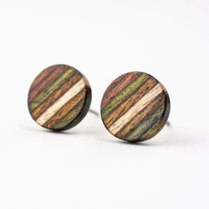 Fall Colors Striped Wood Stud Earrings, colorful stud earrings, wood posts, unisex earrings, wooden earrings, olive studs, geometric earring image 1