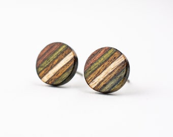 Fall Colors Striped Wood Stud Earrings, colorful stud earrings, wood posts, unisex earrings, wooden earrings, olive studs, geometric earring