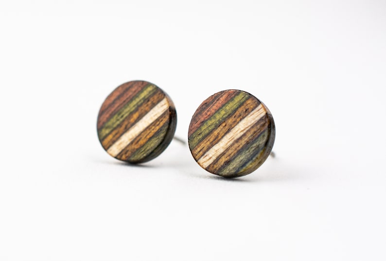 Fall Colors Striped Wood Stud Earrings, colorful stud earrings, wood posts, unisex earrings, wooden earrings, olive studs, geometric earring image 1