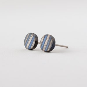 May include: A pair of round stud earrings. Each earring features a blue and white striped design on a dark gray base. The earrings have a silver post and are set against a white background.