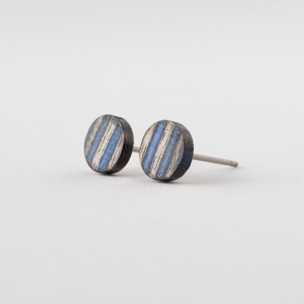 Small Blue and Gray Stripe Wood Studs, wood earring stud, casual stud earrings, striped wood earrings, colorful wood earrings, blue posts