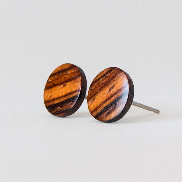 Cocobolo Wood Stud Earrings – Hypoallergenic Posts, Bold Wood Grain Pattern, Minimalist style, Unisex Jewelry for Everyday Wear