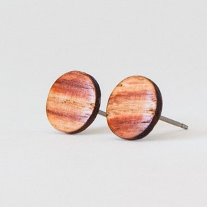 May include: A pair of round wooden earrings with a reddish-brown wood grain pattern. The earrings have silver posts.